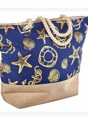 Nautical Beach/ Pool Metallic Embossed Large Tote NWT
